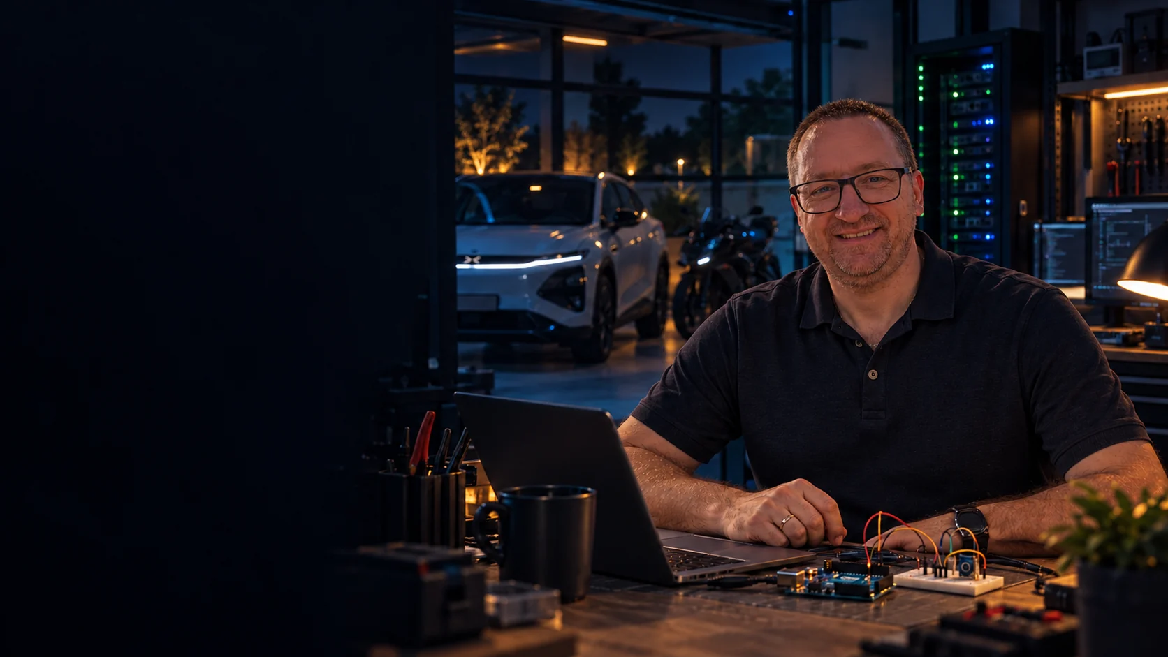 AI-fortolkning af Martin ved en computer og et elektronikprojekt